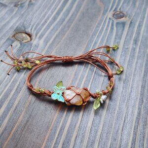 Raw Citrine and Peridot Knotted Bracelet Adjustable Cord Nature Inspired Crystal